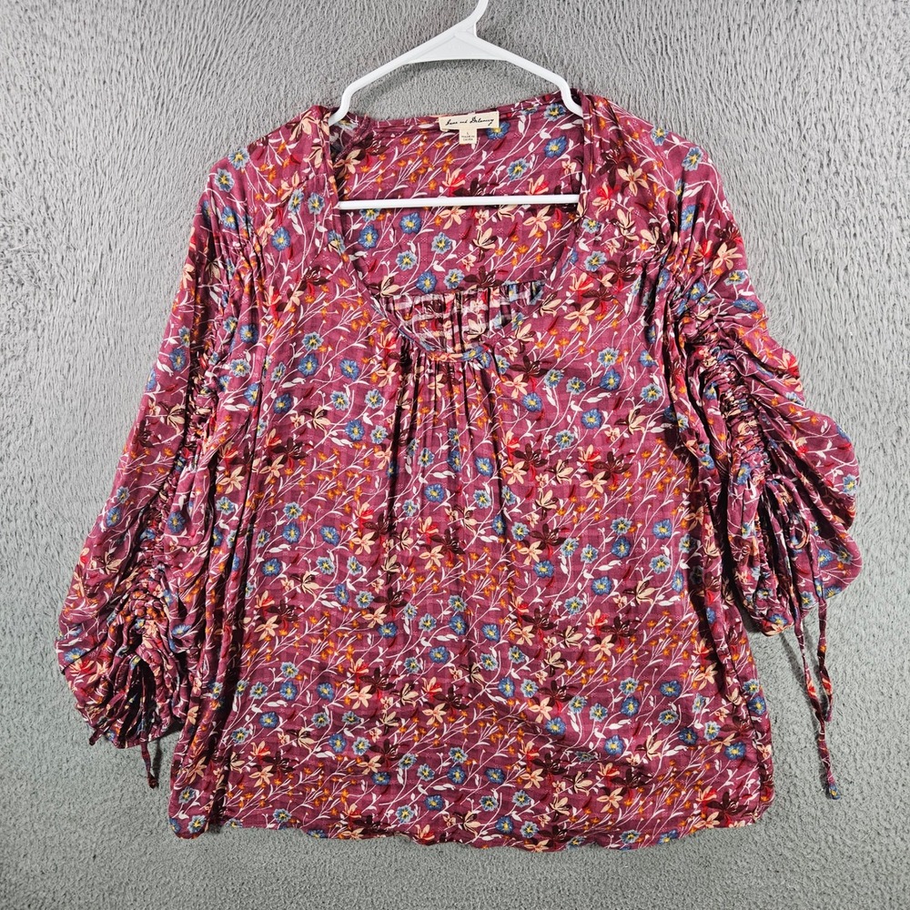 Jane and Delancey Womens Large Floral Ruched Sleeve Rayon Blouse Burgundy Top